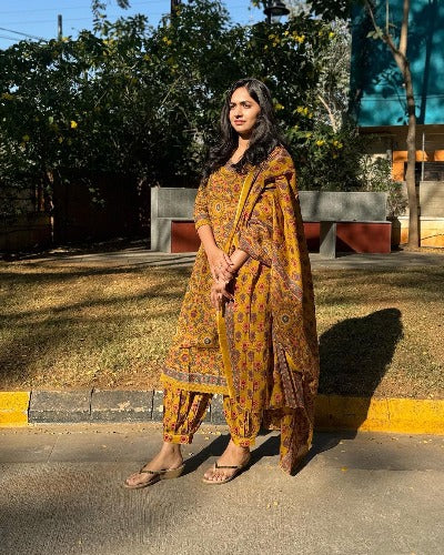 Mustard Yellow Floral Printed Pure Cotton Afghani Style Suit Set