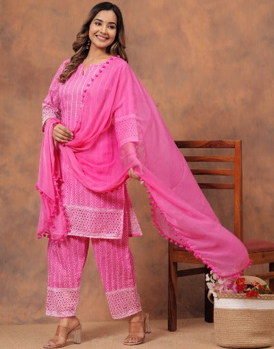 Pink Cotton Schiffli Summer Wear Salwar Suit Set