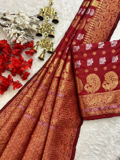 Red Pure Soft Kanjivaram Silk Wedding Wear Saree