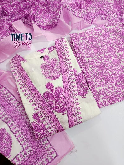 Pink & White Cotton Printed Anarkali Suit Set