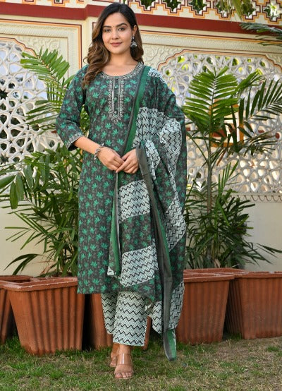 Green Cotton Printed Embroidered Salwar Suit Set