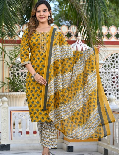 Yellow Cotton Printed Embroidered Salwar Suit Set
