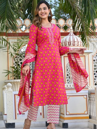 Pink Cotton Printed Embroidered Salwar Suit Set