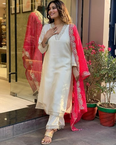 Ivory Heavy Cotton Silk Salwar Suit With Chanderi Dupatta