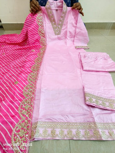 Baby Pink Heavy Cotton Silk Salwar Suit With Chanderi Dupatta