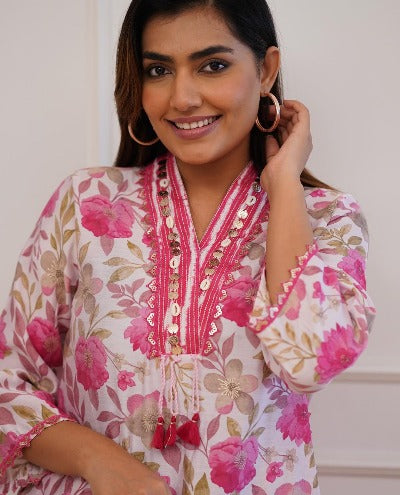 Pink Floral Print Cotton Afghani Style Kurti Pant Set Of 2