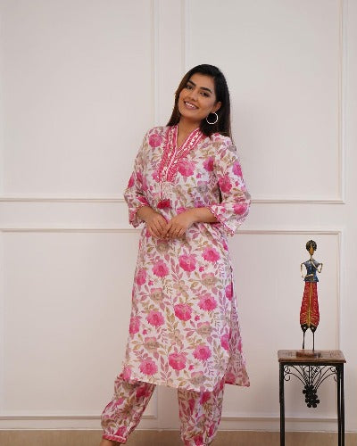 Pink Floral Print Cotton Afghani Style Kurti Pant Set Of 2
