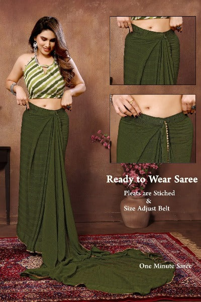 1 Min Olive Green Georgette Stitched Readymade Saree