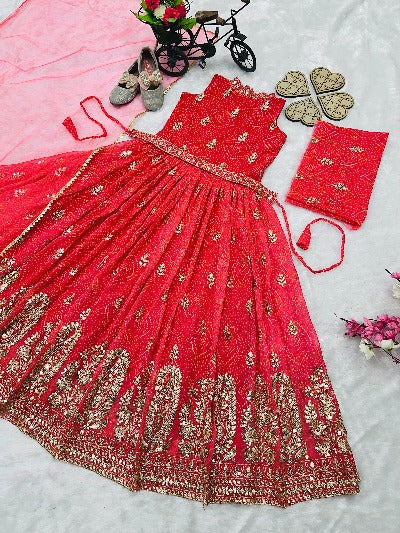 Kids Pinkish Red Bandhani Print Anarkali Gown & Dupatta Set Of 2