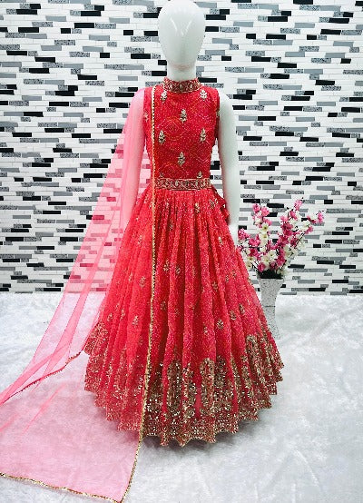 Kids Pinkish Red Bandhani Print Anarkali Gown & Dupatta Set Of 2