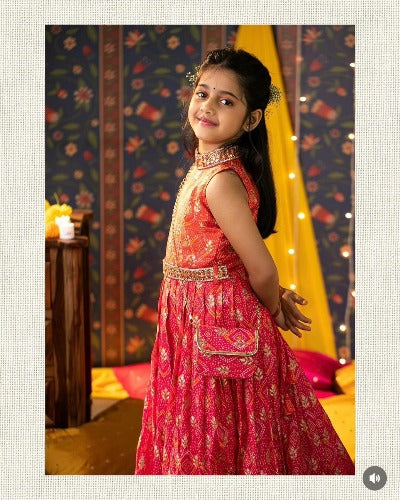 Kids Pinkish Red Bandhani Print Anarkali Gown & Dupatta Set Of 2