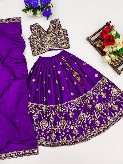 Kids Dark Violet Cotton Silk Embroidered Lehenga Choli Set