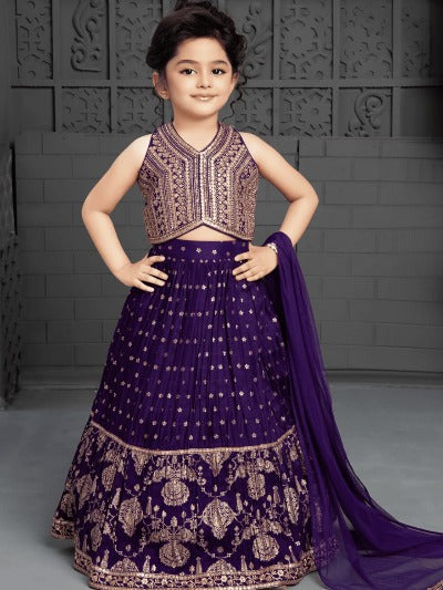 Kids Dark Violet Cotton Silk Embroidered Lehenga Choli Set