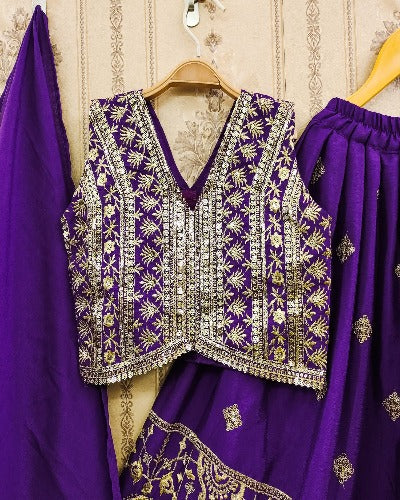 Kids Dark Violet Cotton Silk Embroidered Lehenga Choli Set