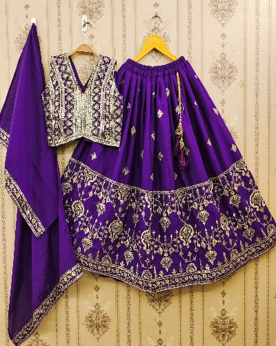Kids Dark Violet Cotton Silk Embroidered Lehenga Choli Set