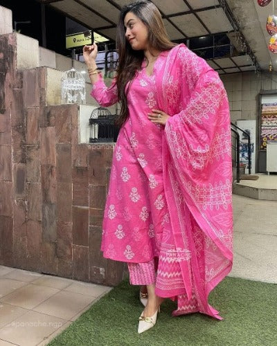 Pink Angharakha Style Cotton Anarkali Suit Set