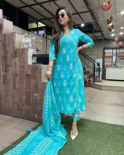 Sky Blue Angharakha Style Cotton Anarkali Suit Set
