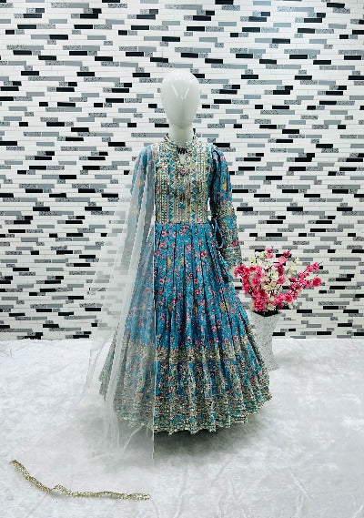 Kids Blue Chinon Silk Digital Print Sequenced Gown With Dupatta