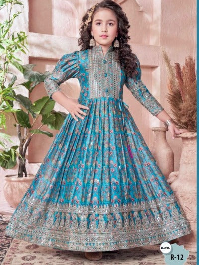 Kids Blue Chinon Silk Digital Print Sequenced Gown With Dupatta