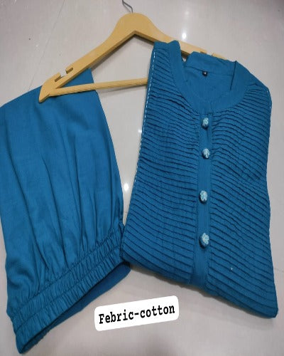 Teal Blue Pintex Detailing Embroidered Cotton Kurti Pant Set Of 2