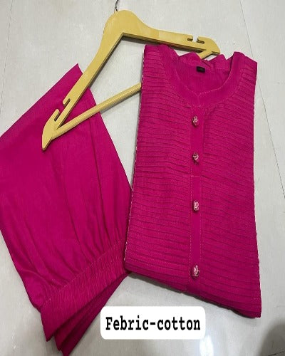 Pink Pintex Detailing Embroidered Cotton Kurti Pant Set Of 2
