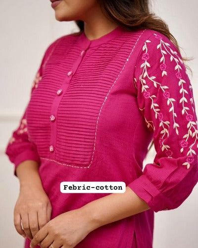 Pink Pintex Detailing Embroidered Cotton Kurti Pant Set Of 2