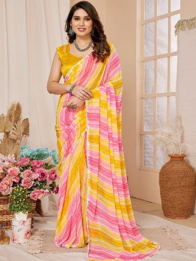 1 Min Yellow Georgette Stitched Readymade Saree