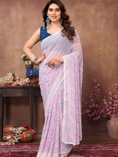 1 Min White With Printed Multicolour Stripes Stitched Readymade Saree
