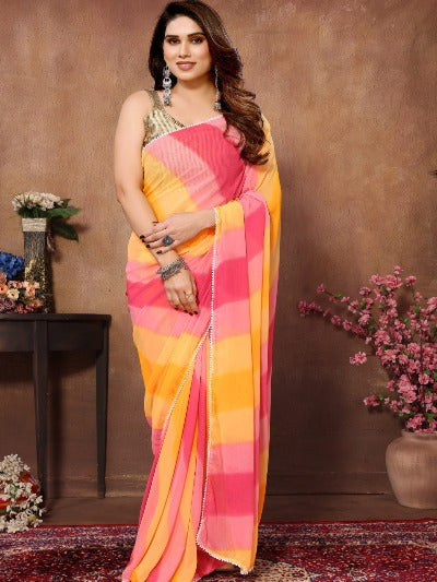 1 Min Yellow & Pink Georgette Stitched Readymade Saree