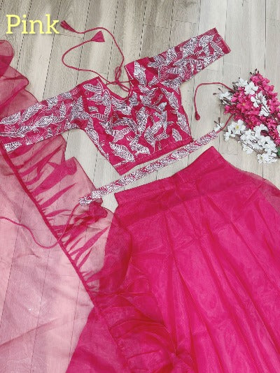 Pink Organza Embroidered Sequence Readymade Lehenga Choli Set