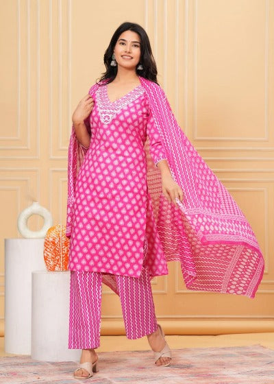 Pink Jaipuri Print Cotton Plus Size Salwar Suit Set