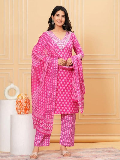 Pink Jaipuri Print Cotton Plus Size Salwar Suit Set
