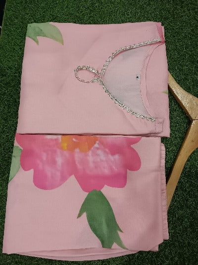 Baby Pink Digital Floral Pink Muslin Kurti Pant Set Of 2