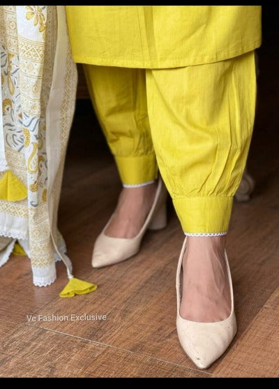 Yellow Pintex Cotton Afghani Style Salwar Suit Set