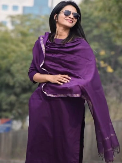Purple Cotton Suit Set With Kota Doriya Dupatta