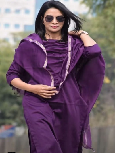 Purple Cotton Suit Set With Kota Doriya Dupatta