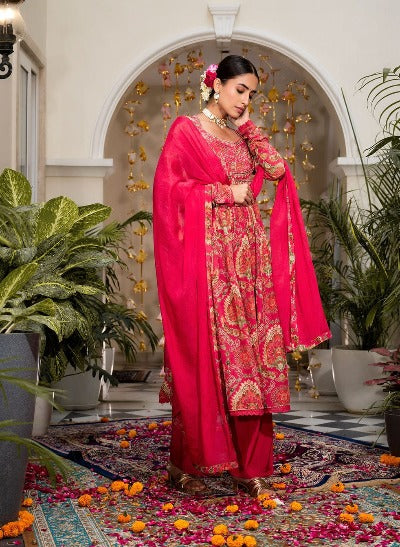 Red Printed Embroidered Flared Anarkali Suit Set