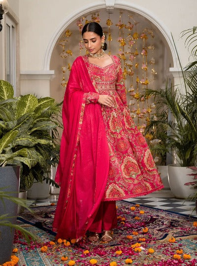Red Printed Embroidered Flared Anarkali Suit Set