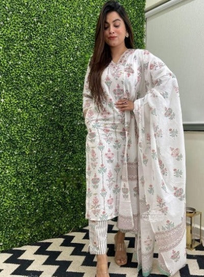 White Sophisticated Elegant Cotton Salwar Suit Set