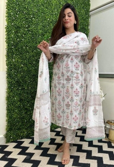 White Sophisticated Elegant Cotton Salwar Suit Set