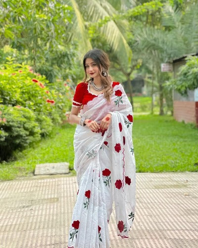White Soft Chanderi Saree Red Rose Print & Stitched Readymade Blouse
