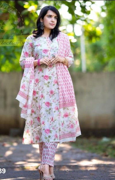 White & Pink Floral Print Cotton Salwar Suit Set
