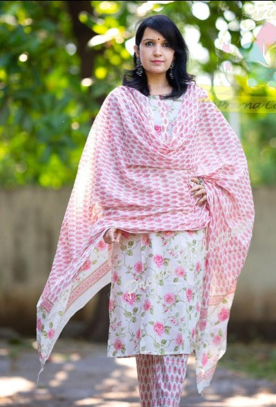 White & Pink Floral Print Cotton Salwar Suit Set