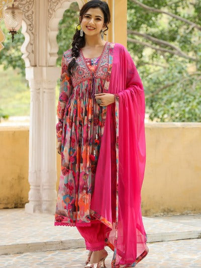 Pink Printed Mirror Embroidered Afghani Style Anarkali Suit Set