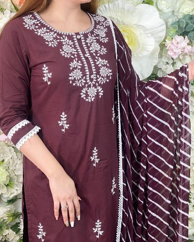 Coffee Brown Embroidered Cotton Salwar Suit Set