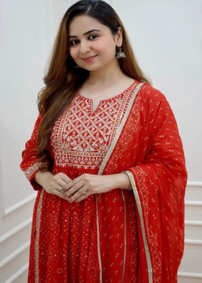 Maharani Red Nyra Cut Embroidered Cotton Salwar Suit Set