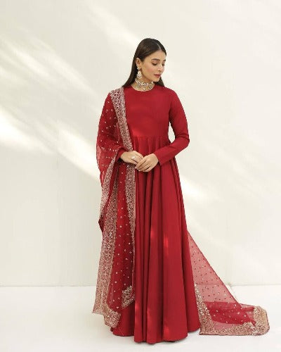 Red Georgette Designer Anarkali Gown Dupatta Set Of 2