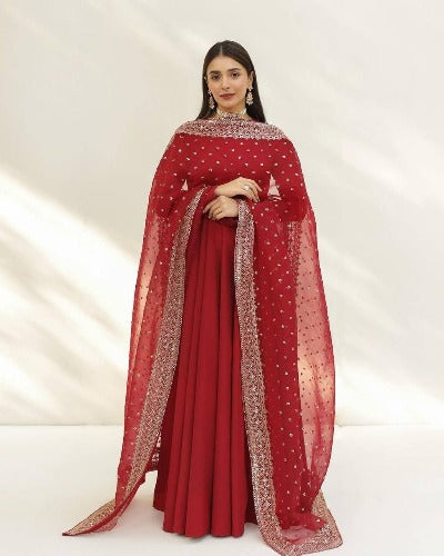 Red Georgette Designer Anarkali Gown Dupatta Set Of 2