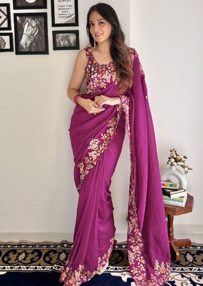 Beautiful Vichitra Silk Sequence & Embroidered Saree