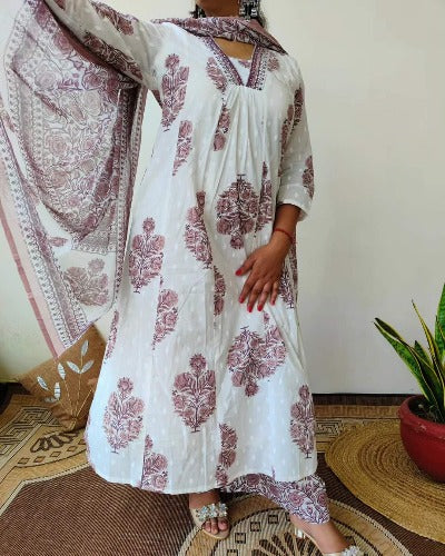 White Cotton Mauve Print Salwar Suit Set